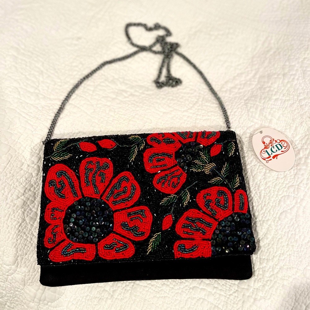 NWT LCD beaded evening bag. So chic and stylish. Bold beaded flowers.